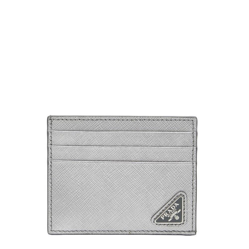 Prada Triangle Logo Plate Leather Card Case Silver